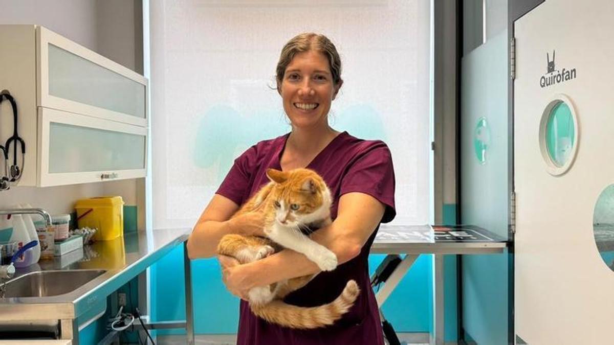 Noemí González, a la clínica de Santpedor, amb el gat que tenen de mascota