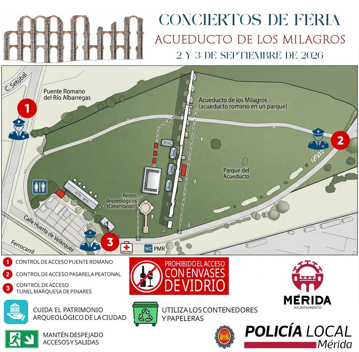 Plano del dispositivo especial de seguridad previsto para los conciertos de Feria en el Acueducto de los Milagros, con los tres puntos de control de acceso y la prohibición de introducir envases de vidrio.