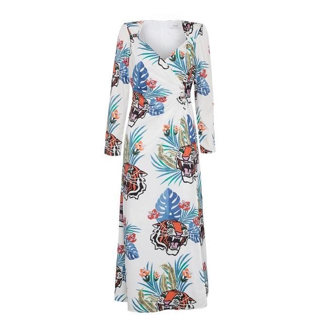 Vestido cruzado con estampado tropical y tigres, de Kentia (Mioh)