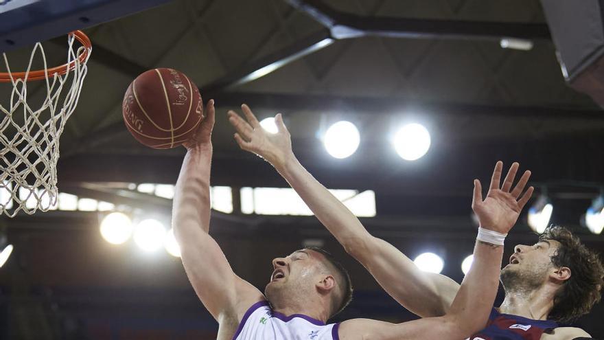 Alen Omic pelea con Ante Tomic en la lucha por un rebote en el Palau.