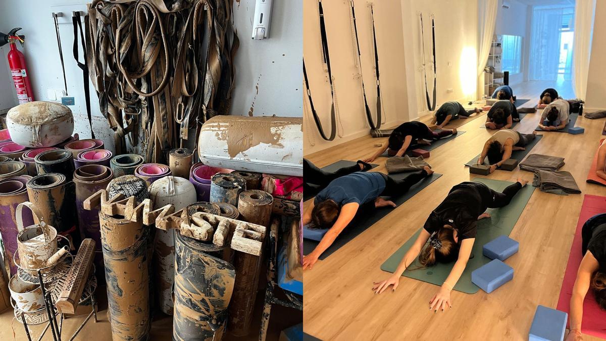 El antes y el después de ViUyoga, un estudio de yoga de Massanassa, después de la dana.