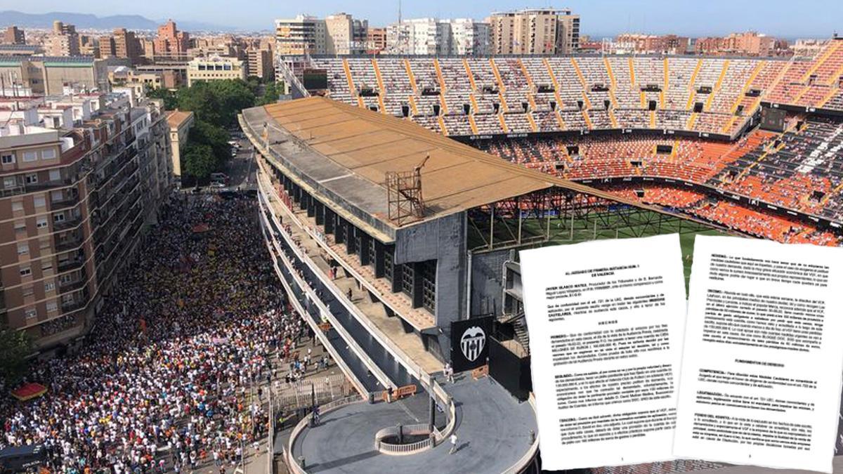 Una imagen de Mestalla y papeles de la demanda