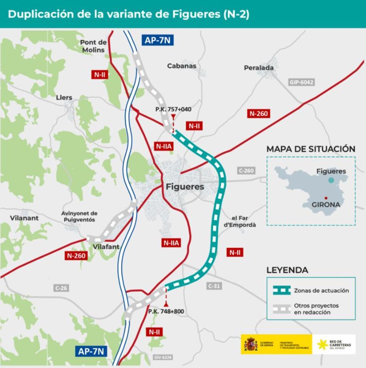 Mapa de situación de la nueva variante de la N-2 en Figueres del que el Ministerio de Transportes ha aprobado las obras.