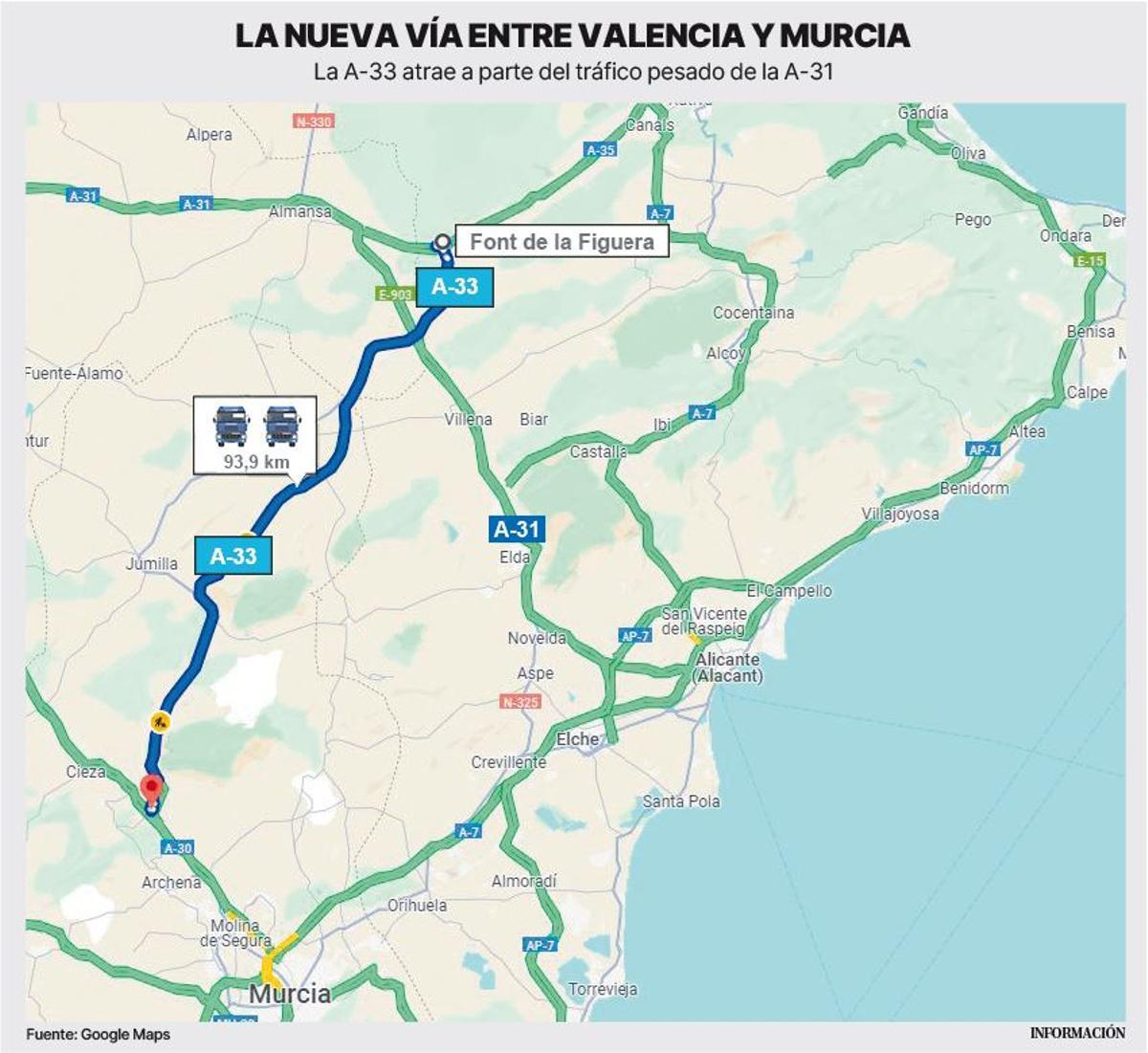 Mapa de las carreteras, con la A-33 destadada