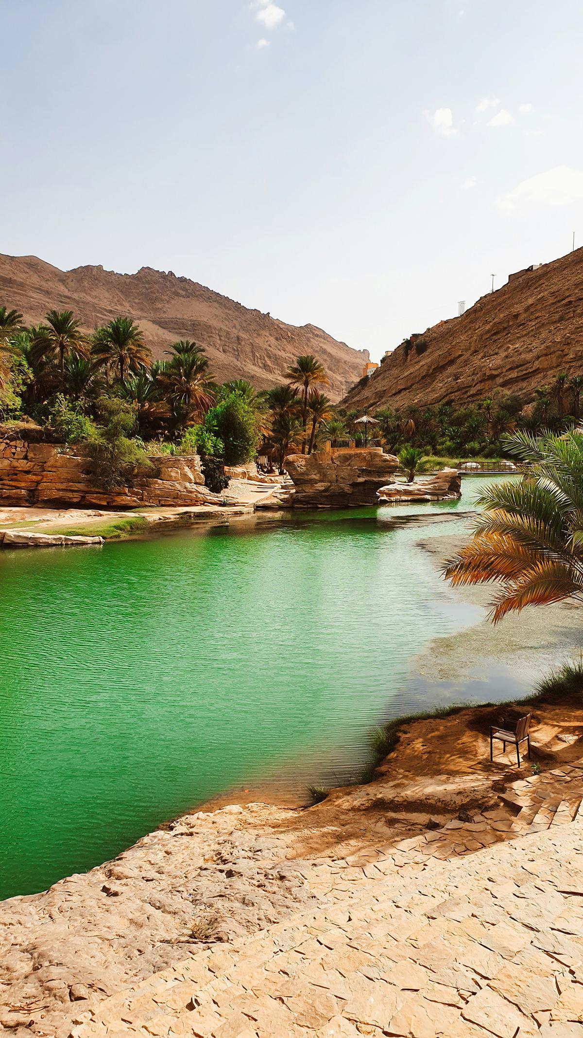 Los wadis de Omán sorprenden con piscinas naturales de agua turquesa, palmerales y montañas áridas.