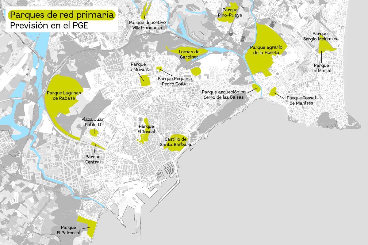 Mapa de las grandes zonas verdes que contempla el nuevo Plan General Estructural.
