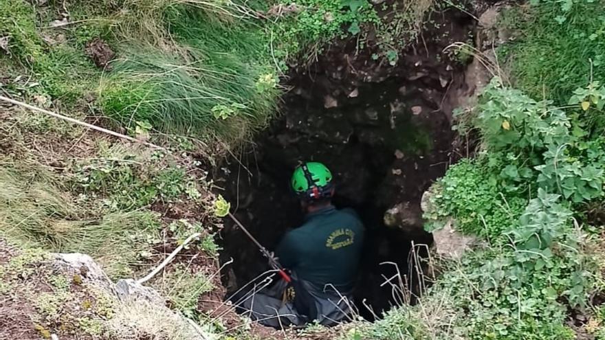 La guardia civil rescata una perra que cayó por una sima de 50 metros de profundidad en el Aramo