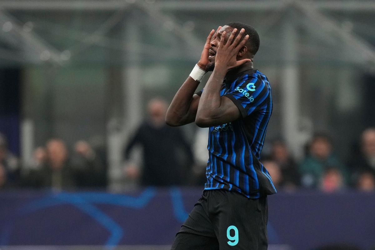 Inter Milan's Marcus Thuram reacts during a Champions League playoff soccer match between Inter Milan and Bodo Glimt, at the San Siro stadium in Milan, Italy, Tuesday, Feb.24, 2026. (AP Photo/Luca Bruno)