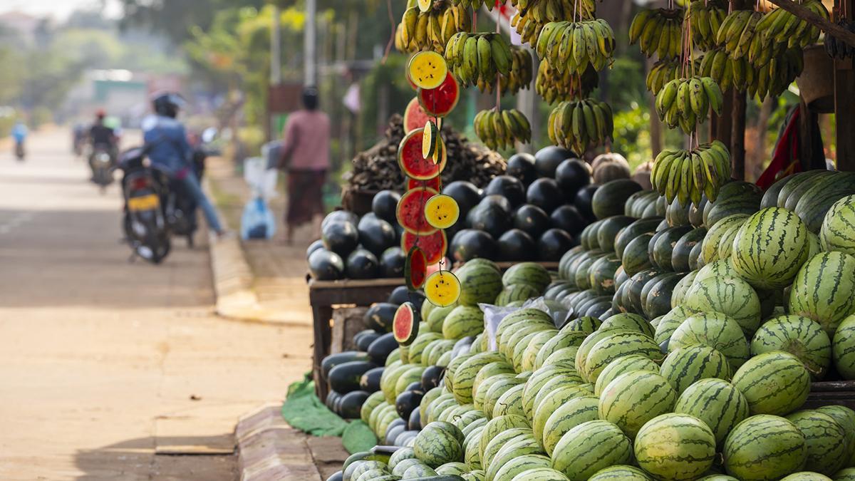 Puesto callejero de frutas y verduras en Pakse, una de las puertas de entrada al sur de Laos y a los paisajes fluviales del Mekong.