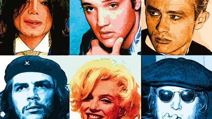 De izuierda a derecha: Michael Jackson, Elvis Presley, James Dean, El Che, Marilyn Monroe, John Lennon,