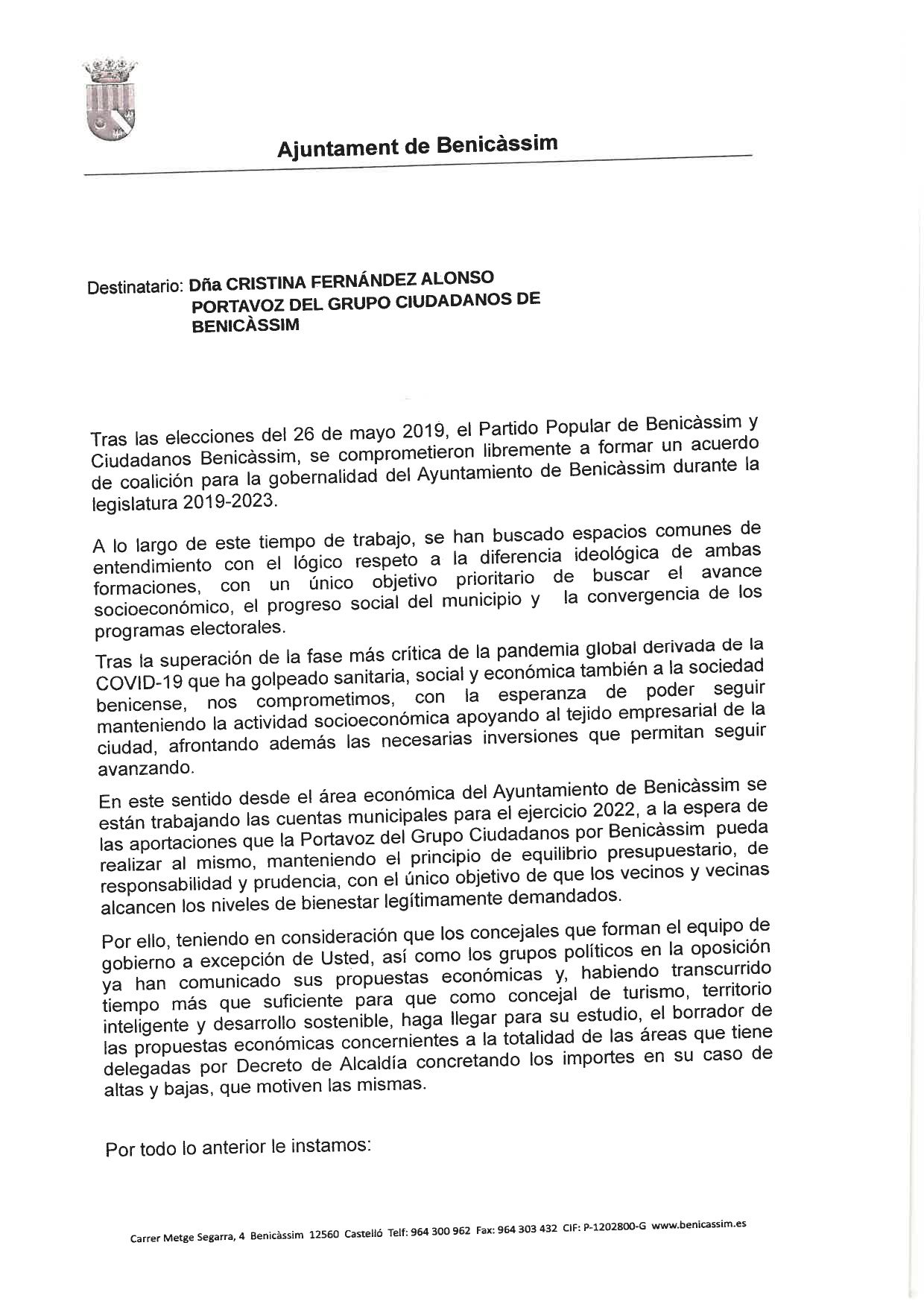 Primer extracto del documento que ha enviado la alcaldesa para responder a Cristina Fernández.