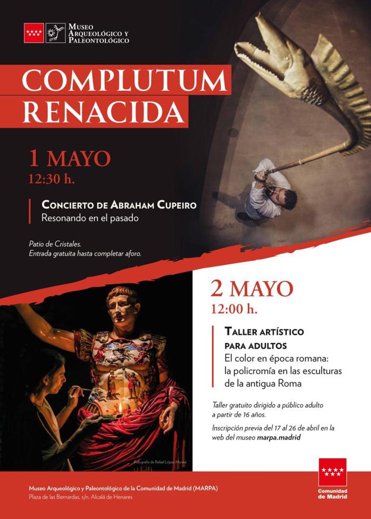 Cartel actividades de Complutum Renacida en el Museo Arqueológico y Paleontológico de la Comunidad de Madrid