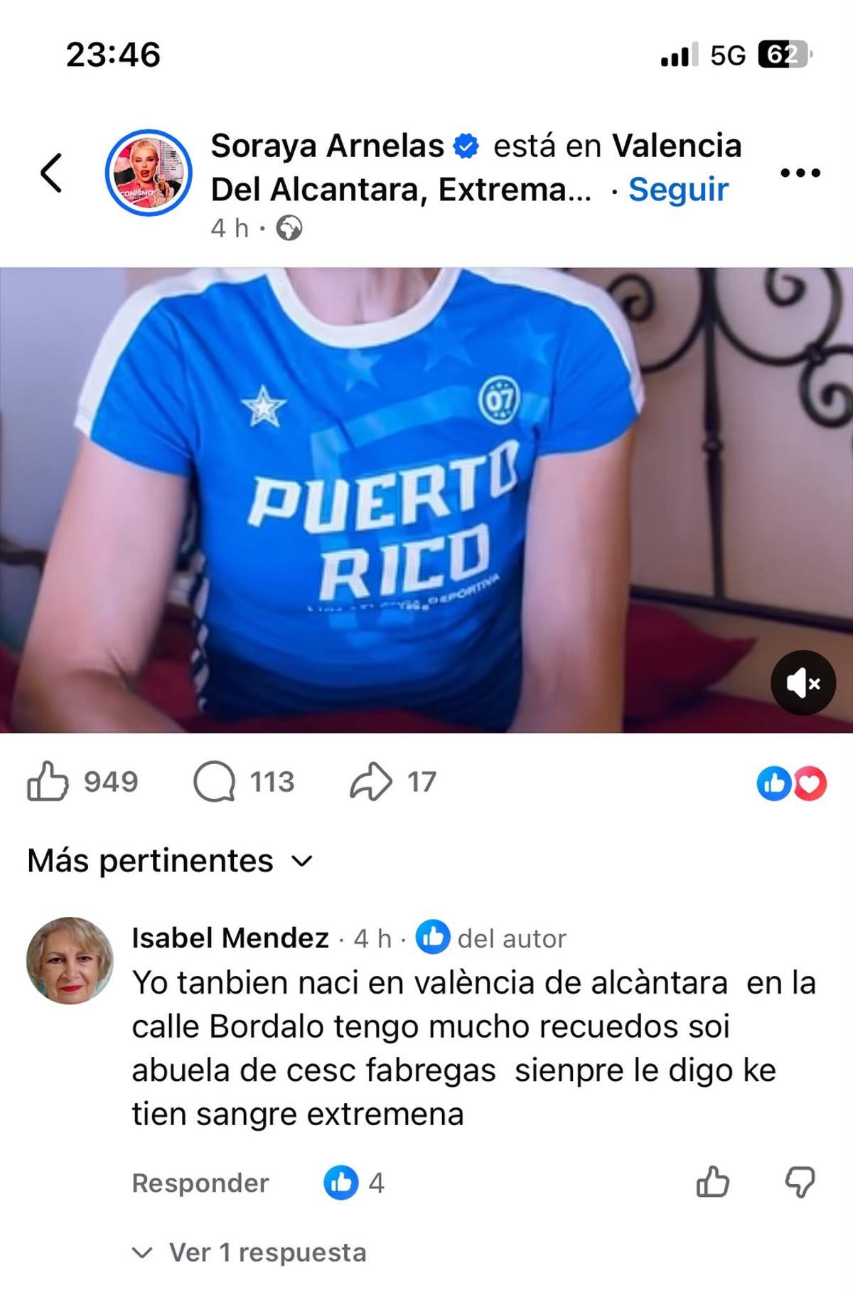 El comentario de Isabel Méndez en la publicación de Soraya Arnelas.