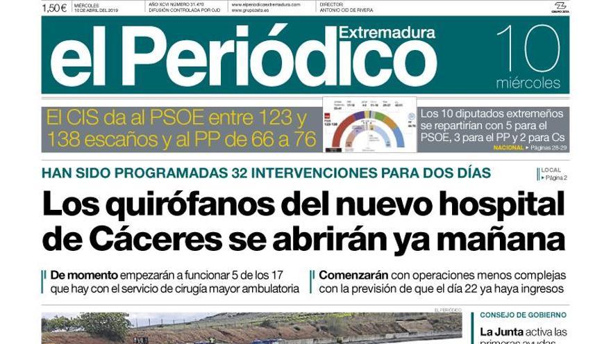 Esta es la portada de EL PERIÓDICO EXTREMADURA correspondiente al día 10 de abril del 2019