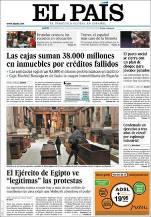 ’El País’ destaca també que Artur Mas defensa davant el Rei el concert econòmic per a Catalunya, unes declaracions exclusives d’Andreu Mas-Colell --Complirem el dèficit si ens traspassen els hospitals--, que les caixes tenen 93.000 milions en actius problemàtics en el totxo, que Brussel·les adverteix contra les retallades retroactives de les primes renovables, i que les famílies s’oposen al nou sistema d’accés a les escoles catalanes.