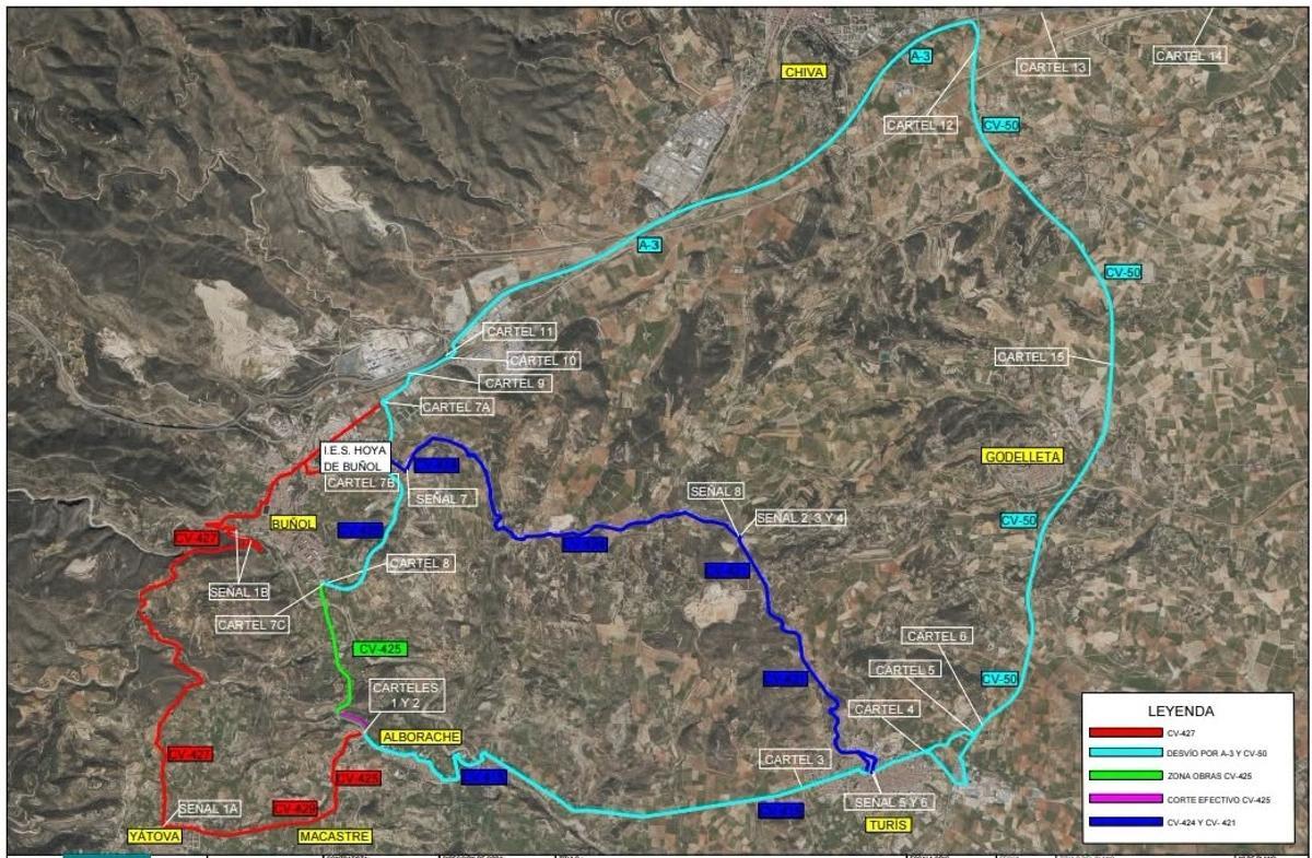 Las carreteras señalizadas afectadas por el corte y la vía alternativa, la CV-427.
