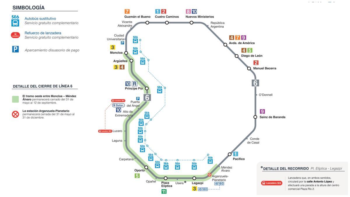 Plano de la L6 con el tramo que permanecerá cerrado del 31 de mayo al 12 de septiembre señalizado en verde.
