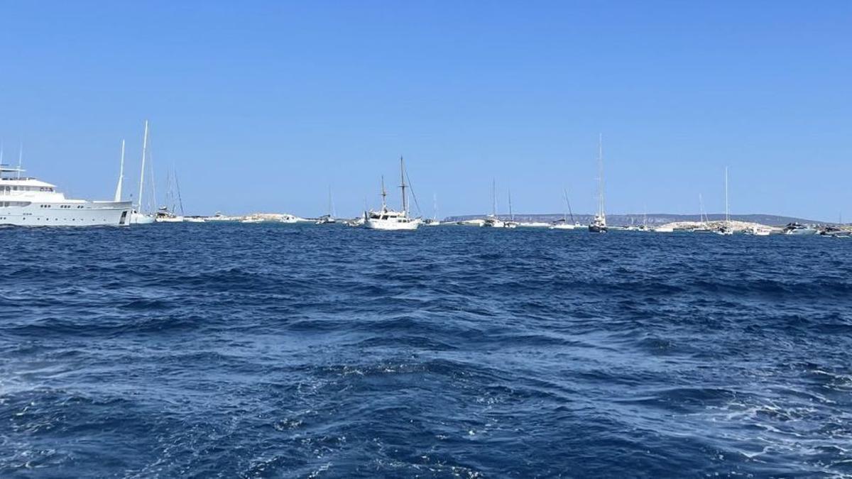 Filas de barcos frente a ses Illetes, en agosto de 2022.