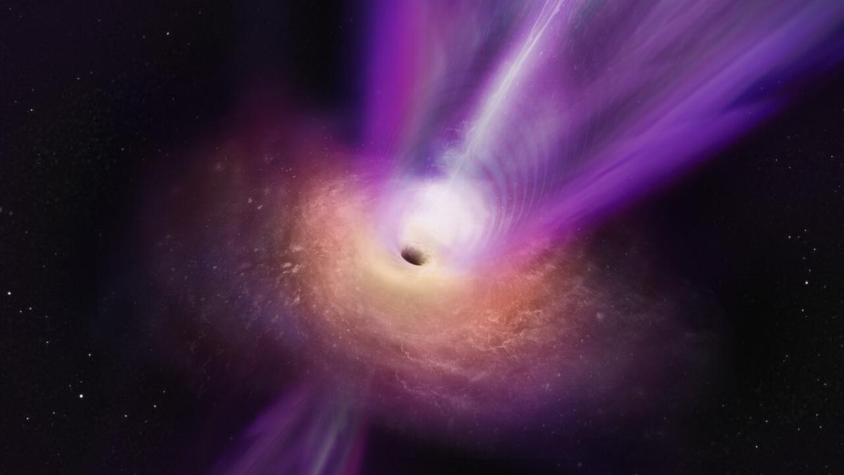 Representación artística del agujero negro en la galaxia M87 y su potente chorro.