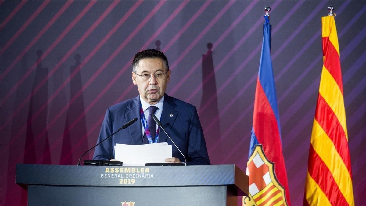 Bartomeu, en su discurso ante la asamblea de compromisarios del Barça en el Palau Blaugrana.