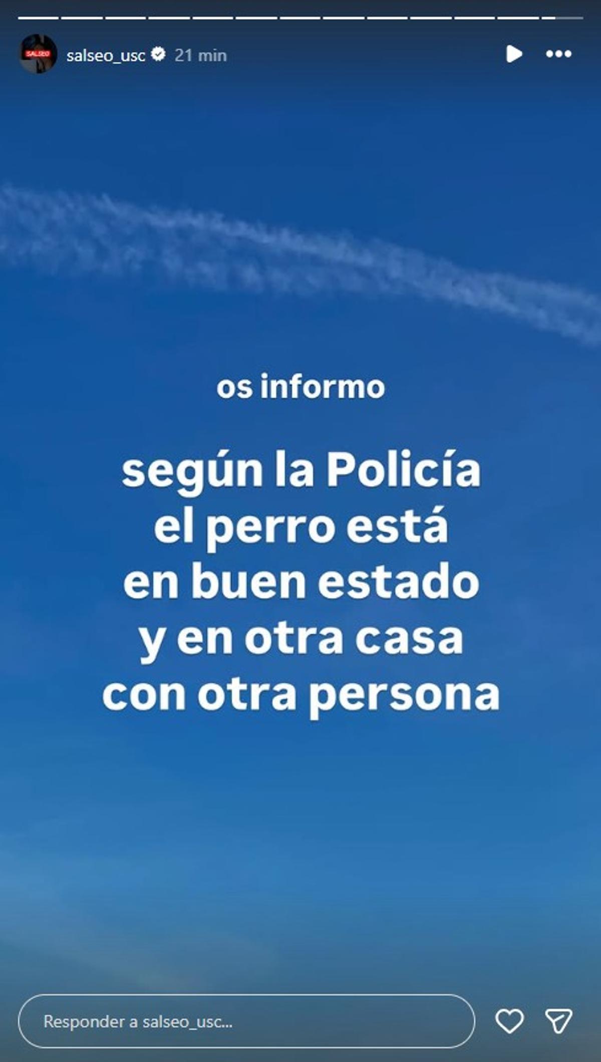 Captura de pantalla de la historia subida este lunes por Salseo USC en la que informa que el animal ya se encuentra a salvo