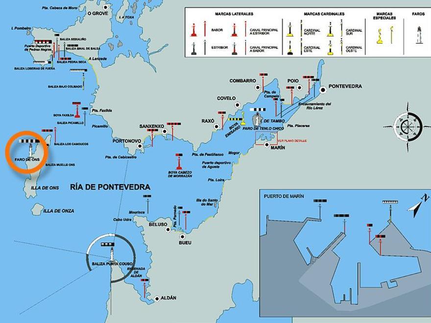 El mapa con el balizamiento y señales marítimas de la Ría de Pontevedra.