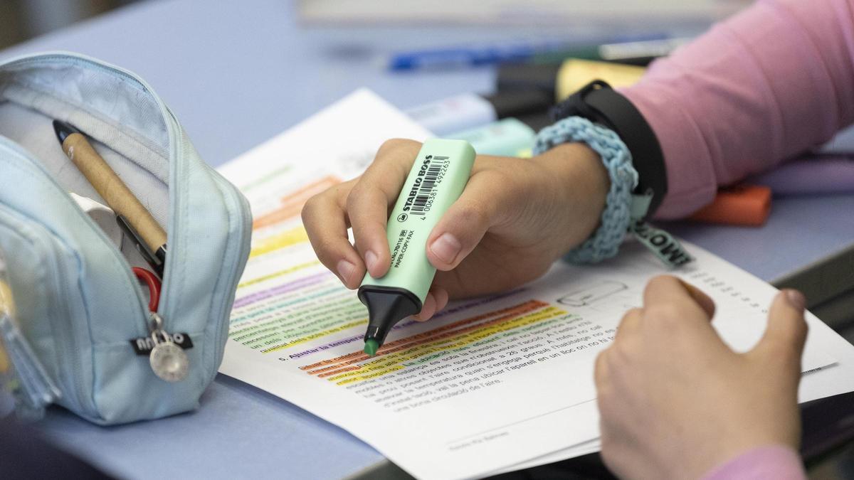 Una alumna de 5º de primaria repasa unos apuntes en clase.