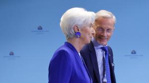 Christine Lagarde, president of the European Central Bank (ECB), left, and Boris Vujcic, vice president of the European Central Bank (ECB), during a rates decision news conference in Frankfurt, Germany, on Thursday, June 11, 2026. The ECB raised interest rates for the first time in almost three years, concluding it can no longer wait out the Iran war as inflation pressures intensify. Photographer: Alex Kraus/Bloomberg