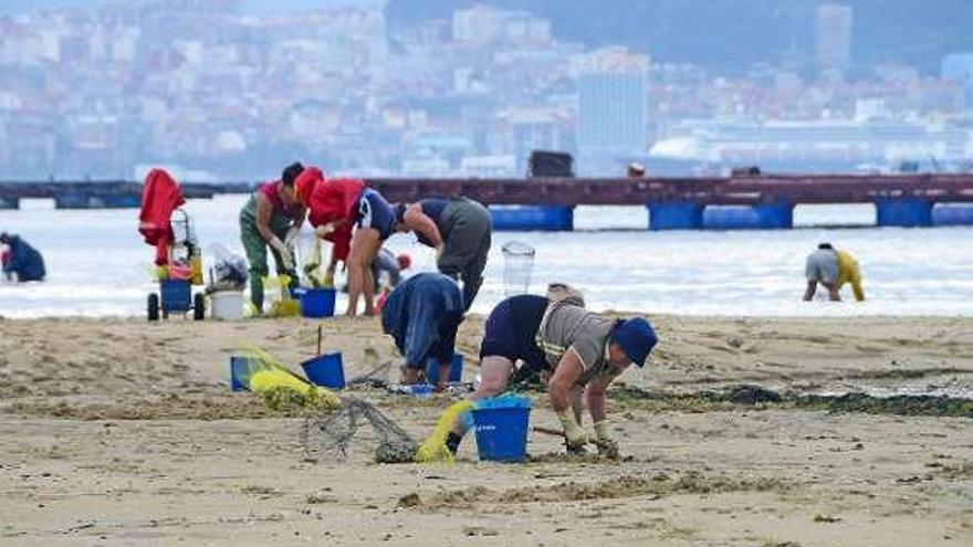 Mariscadoras en la playa de A Xunqueira, en Moaña.  // Gonzalo Núñez