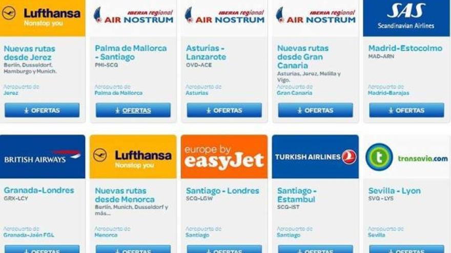 Nuevas rutas que Aena promociona en su web y entre las que no están las de Vigo a Tenerife y Mallorca.