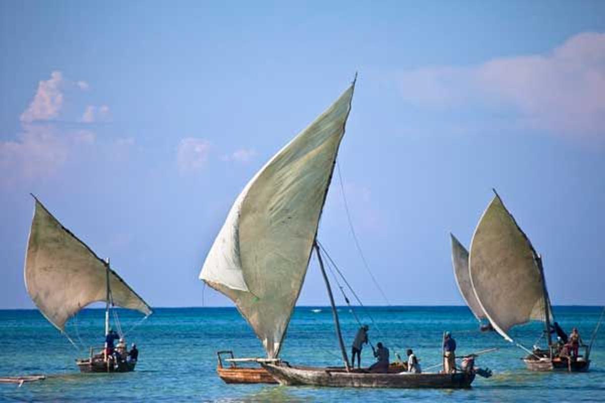 Dhow, barcos tradicionales de pesca en Nungwi, Zanzíbar.