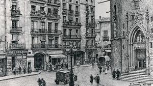 Grabado de la entrada del paseo del Born de Santa Maria del Mar con la primera drogueria de la familia Uriach. 