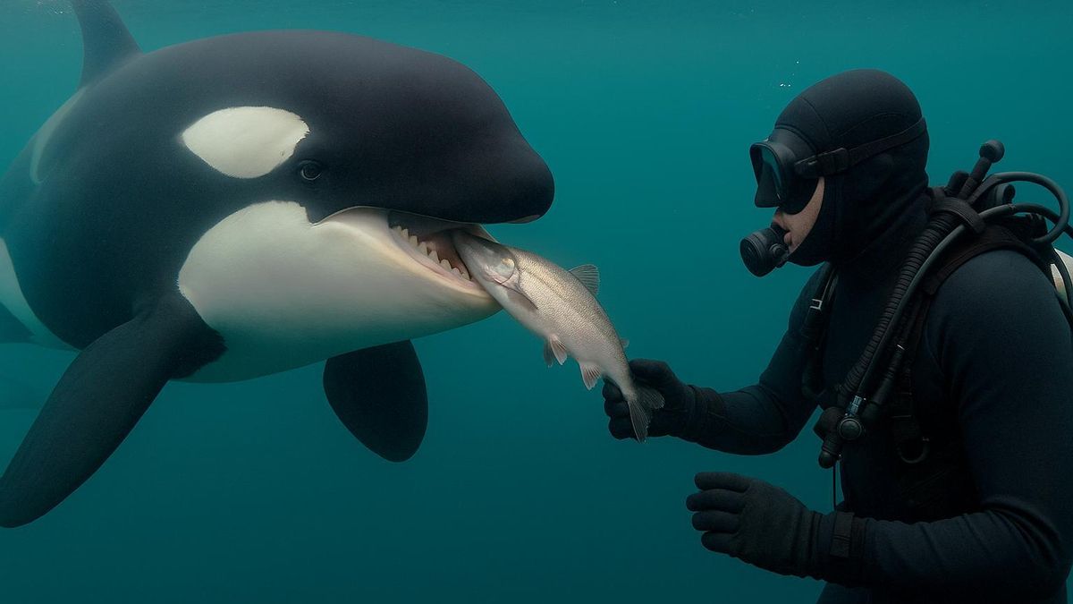 Recreación artística de una interacción entre orcas y humanos.