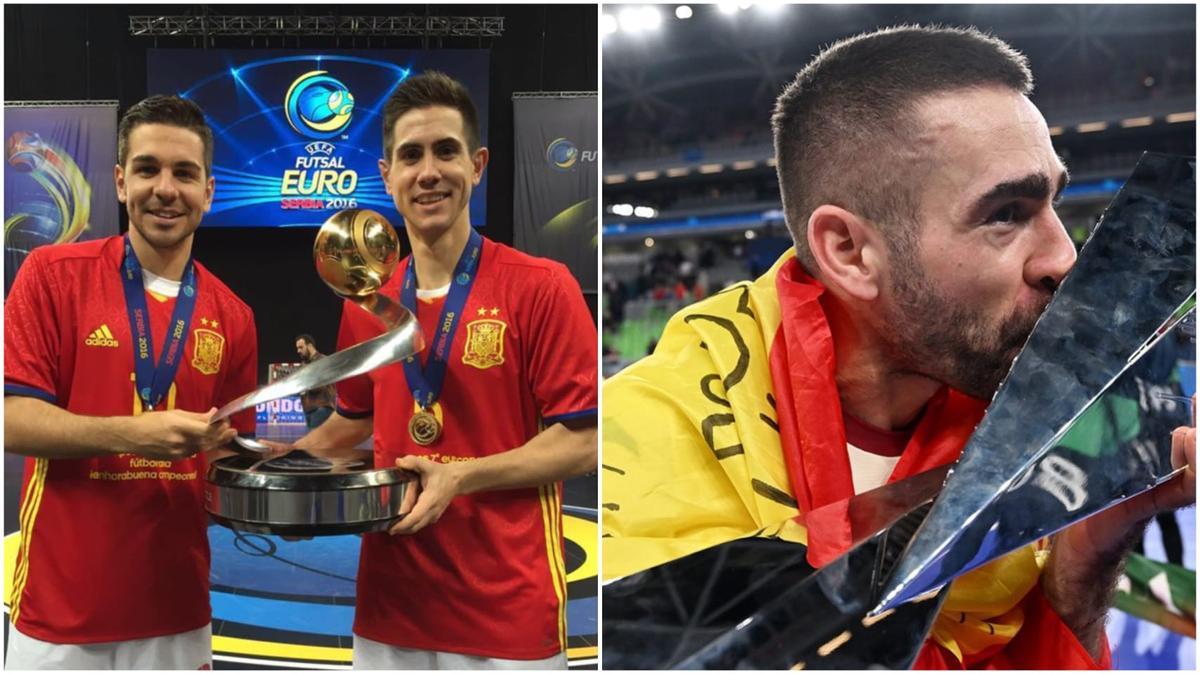 Bebe y Andresito, a la izquierda, y Cecilio, a la derecha, con el trofeo de campeón de Europa.