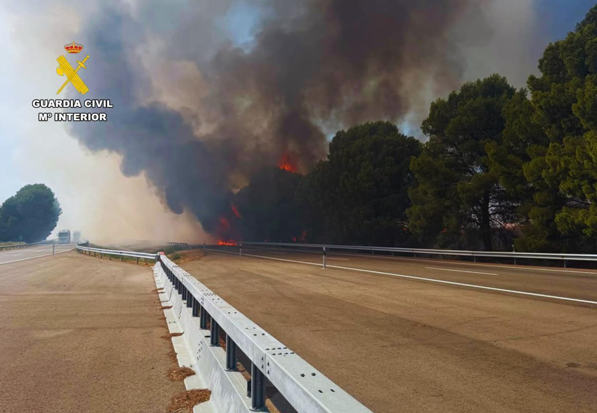 En imágenes I Un incendio en la AP-2, en Zaragoza, obliga a cortar el tráfico En imágenes I Un incendio en la AP-2, en Zaragoza, obliga a cortar el tráfico