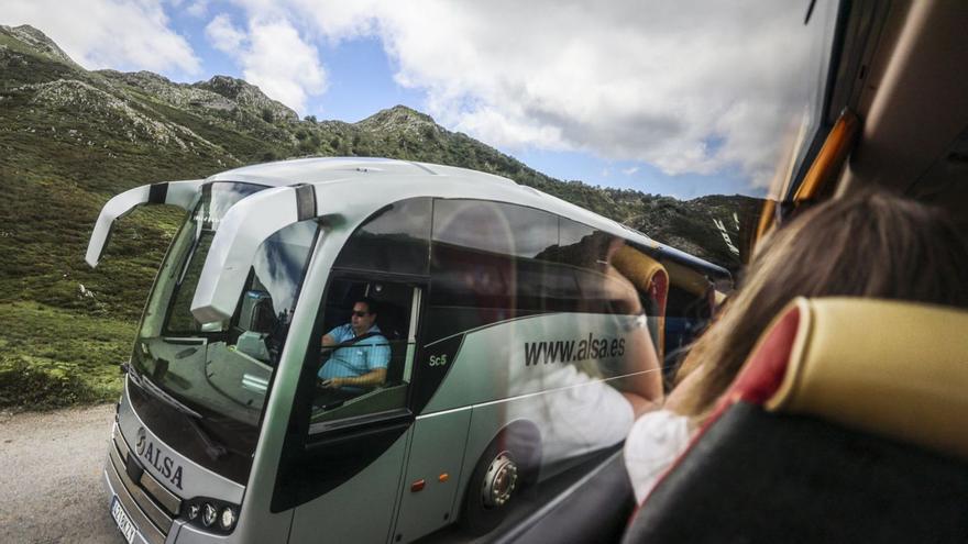 Dos autobuses del plan de transporte se cruzan en la carretera de Covadonga a los Lagos. | Irma Collín