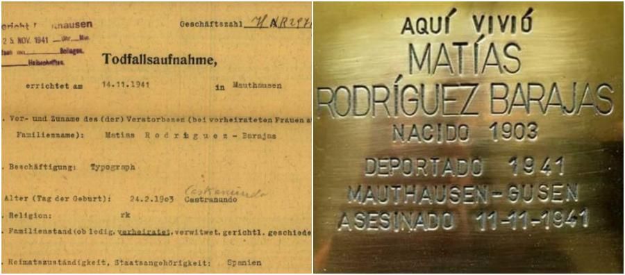 A la izquierda, el parte de fallecimiento del campo de Mauthausen Gusen. A la derecha, la inscripción del Stolpersteine.