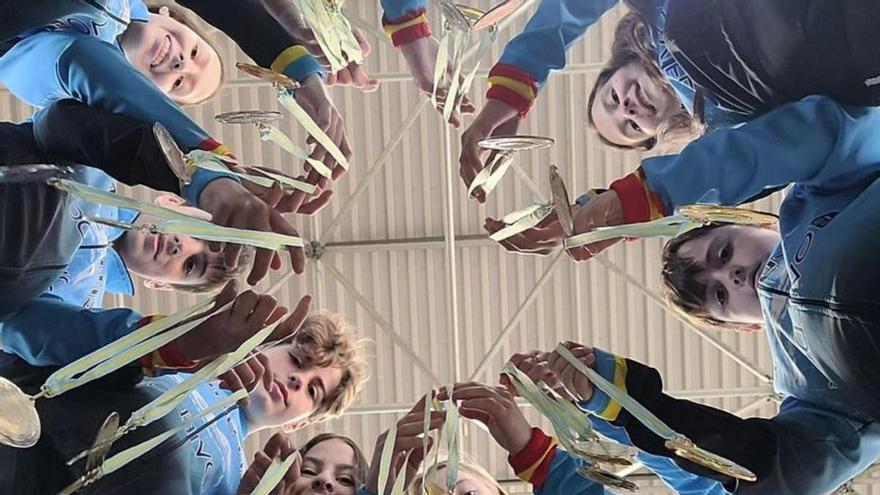 En la imagen de arriba, los patinadores del Novares con sus medallas; debajo, foto de familial del equipo ovetense.  | AD NOVARES