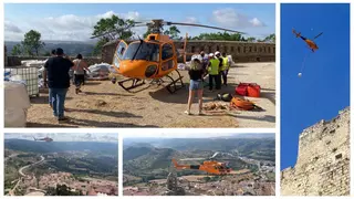 Un helicóptero protagoniza un espectacular operativo en el castillo de Morella para su rehabilitación