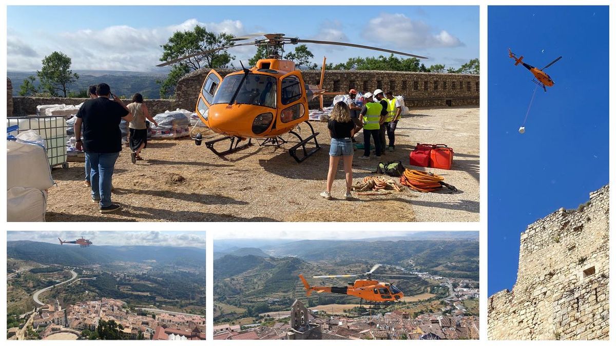Un helicóptero traslada materiales al Castillo de Morella para unas obras de rehabilitación
