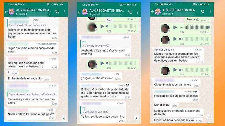 Extracto de las conversaciones del grupo de WhatsApp a través del que se comunicaban los miembros de seguridad del festival.