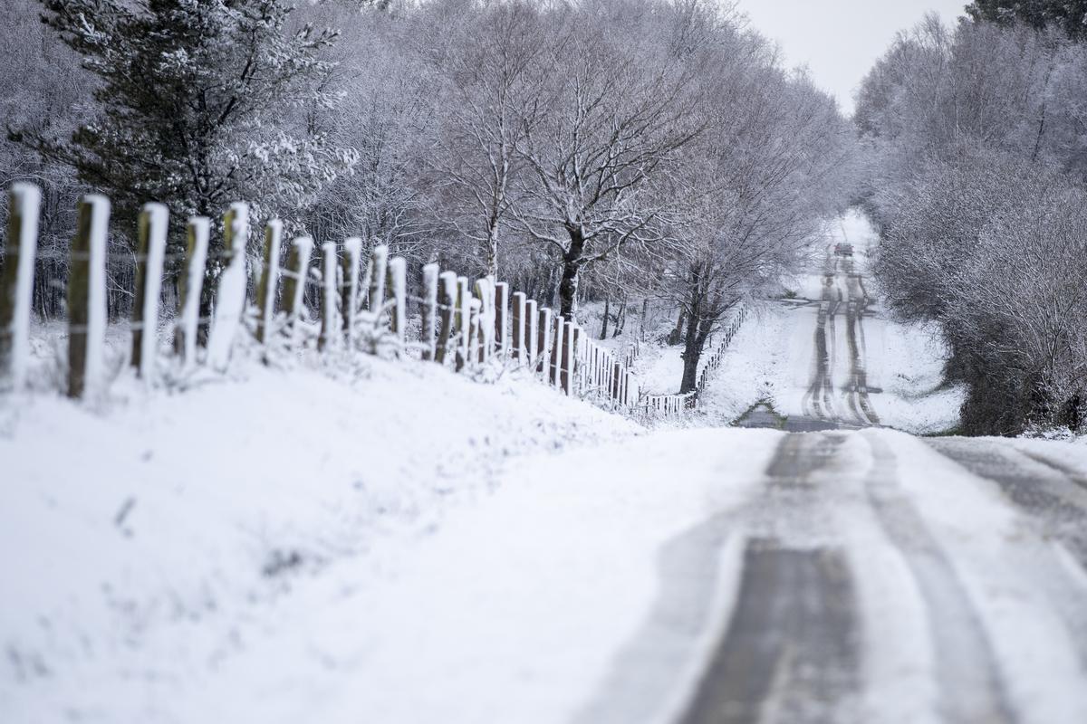 PALAS DE REI (LUGO), 18/01/2023.- Vista de una carretera cubierta por la nieve este miércoles en Palas de Rei, Lugo. Más de un centenar de carreteras de la red principal se han visto afectadas este miércoles por el temporal de nieve, viento y lluvia, sobre todo en la mitad norte peninsular, donde en 15 vías (195 km) hay nivel rojo, se prohíbe el paso a camiones y es obligatorio el uso de cadenas. EFE/ Eliseo Tigo