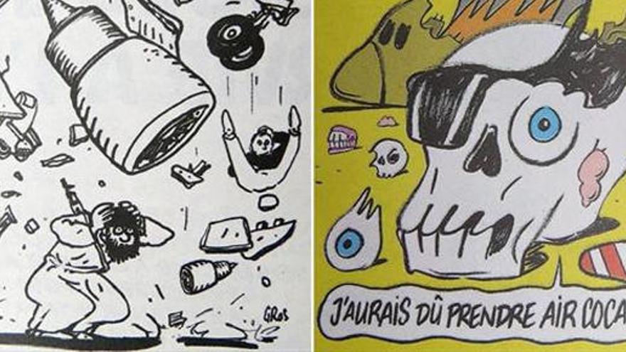 Dos de las viñetas de Charlie Hebdo sobre el avión.