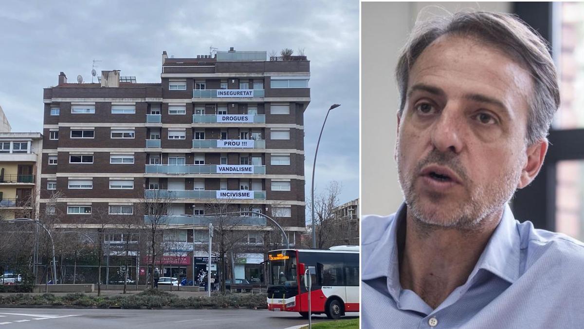 Les pancartes penjades en un dels blocs afectats per l'incivisme i el regidor de Governació, Anjo Valentí