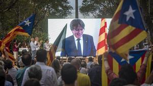Carles Puigdemont, en el mitin de cierre de campaña de Junts el pasado 21 de julio