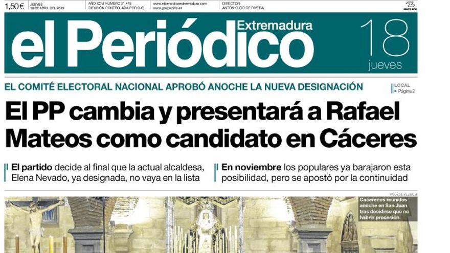 Esta es la portada de EL PERIÓDICO EXTREMADURA correspondiente al día 18 de abril del 2019