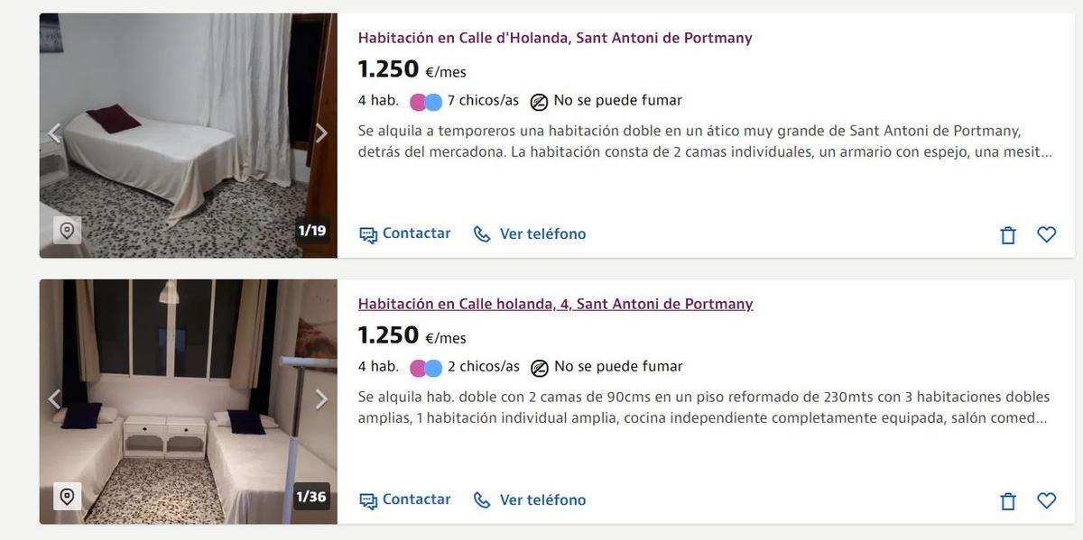 Vista de los dos anuncios de habitaciones en un edificio de Sant Antoni.