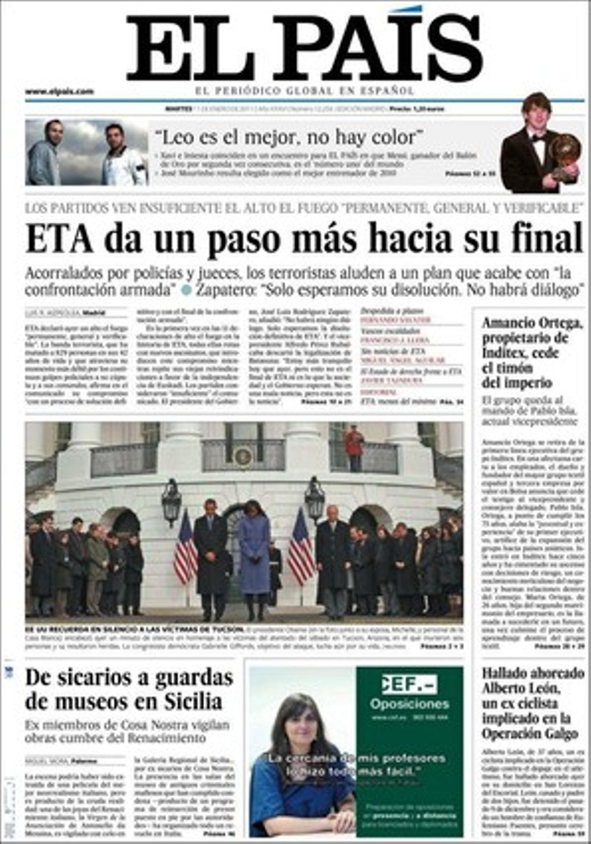 ’El País’ destaca també que Tunísia tanca escoles i universitats per frenar la protesta; que Islàndia crida a consultes l’ambaixador dels EUA pel setge sobre Wikileaks; que la direcció del PSC planeja rellevar Hereu per ’salvar’ Barcelona; que Rigau obre la porta a subvencionar més escoles que segreguen per sexe a Catalunya, i que el Govern exigeix més seguretat a Repsol a Tarragona després del degoteig d’abocaments i l’última fuga de 196.000 litres de cru.