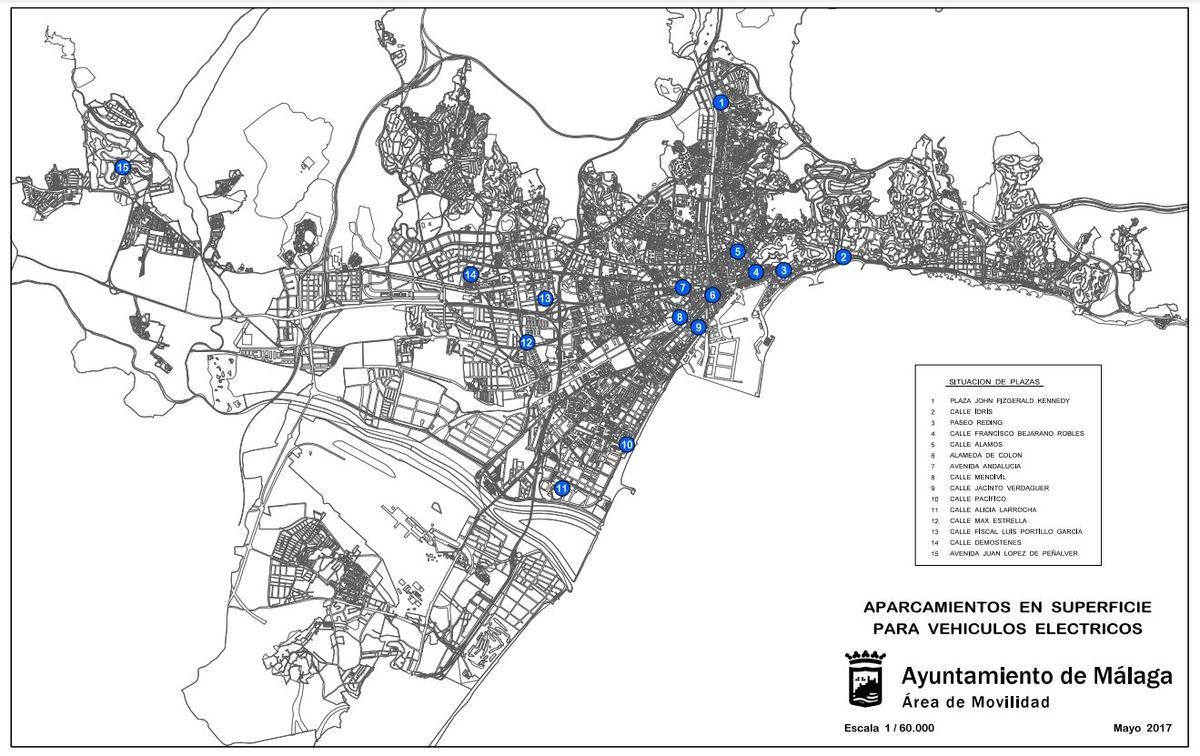 Aparcamientos actuales para vehículos eléctricos en Málaga