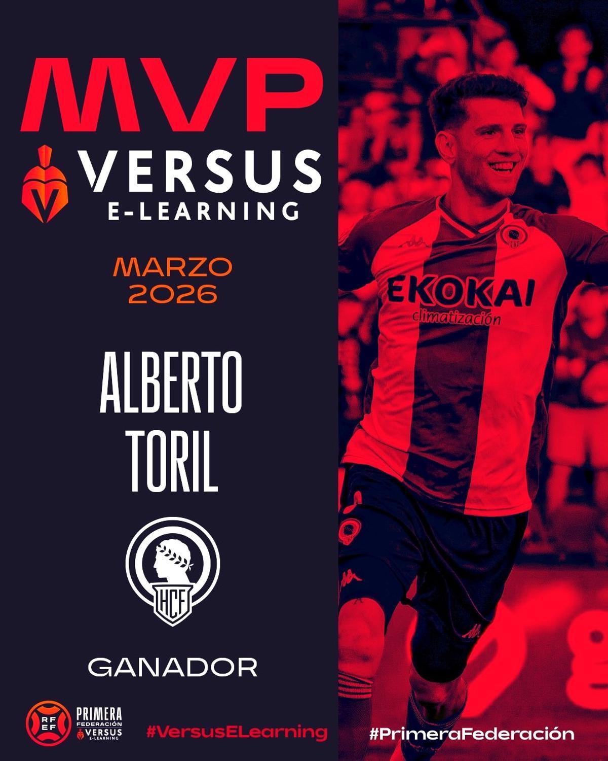 Cartela oficial con la designación de Alberto Toril como mejor jugador de Primera Federación en marzo.